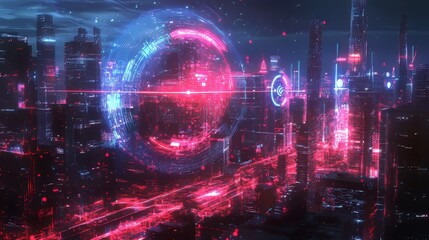 Neon cityscape with digital overlays. Futuristic urban environment with glowing patterns and skyscrapers.