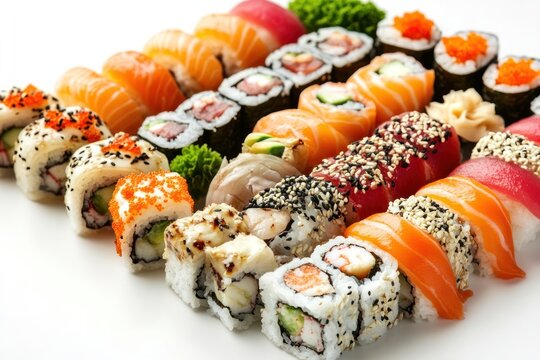 A creative sushi platter featuring assorted maki rolls with colorful ingredients, elegantly arranged, isolated on a white background.