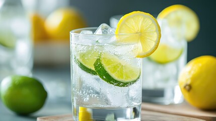 Refreshing Citrus Cocktail with Ice and Fresh Lime and Lemon