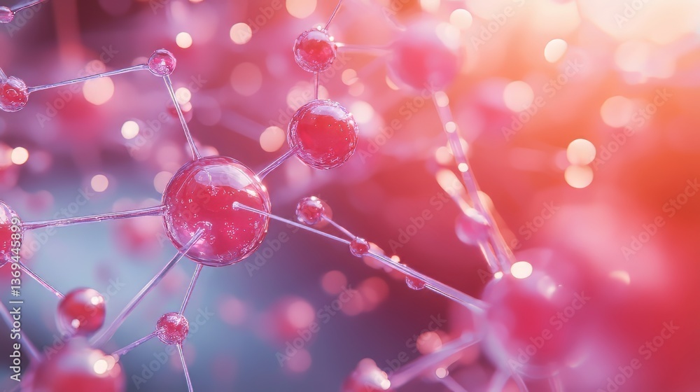 Poster abstract molecular structure with interconnected spheres and lines, creating a network on pink backg