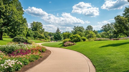 Obraz premium A beautifully maintained park with winding pathways, blooming flowers, and green lawns, perfect for relaxation, outdoor walks, and leisure activities.