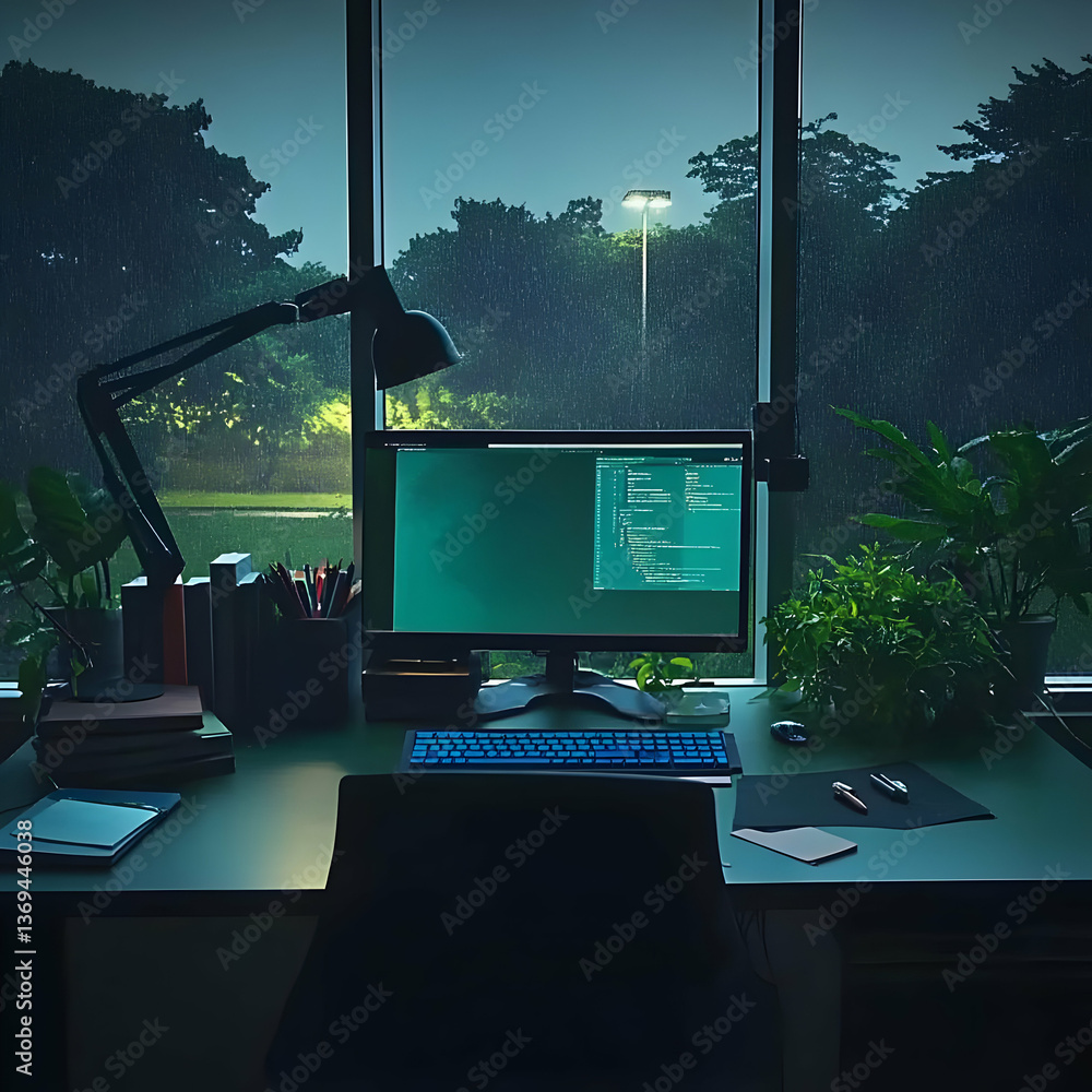Poster rainy night desktop setup: a digital workspace with a view of green trees and a lit streetlamp, show