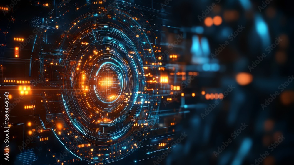 Poster futuristic technology: glowing circles and intricate patterns represent advanced technological conce
