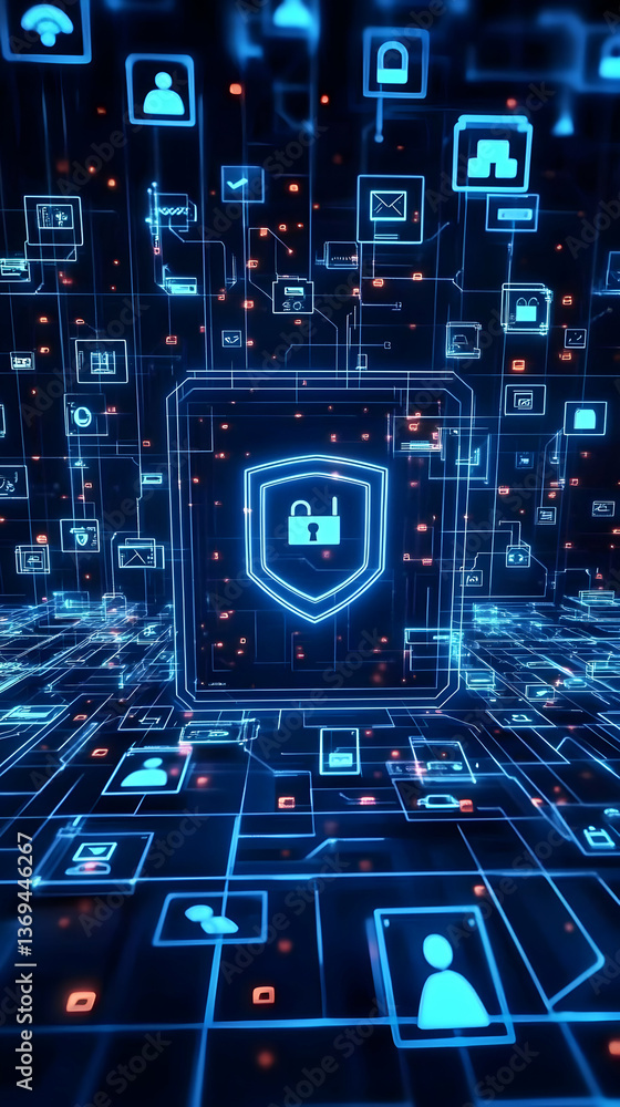 Poster cybersecurity shield: 3d digital network illustration shows data protection with secure lock icon in