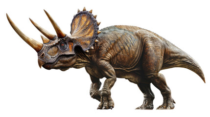 Triceratops in motion: A detailed, realistic illustration of a triceratops dinosaur strides across the terrain, its formidable horns and frill prominently displayed