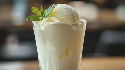 Creamy Vanilla Dessert Topped with Mint Leaf and Ice Cream Scoop