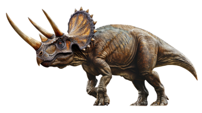 Triceratops in motion: A detailed, realistic illustration of a triceratops dinosaur strides across the terrain, its formidable horns and frill prominently displayed