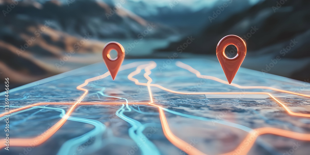 Poster 3d render of navigation map with glowing paths and location markers over mountain background