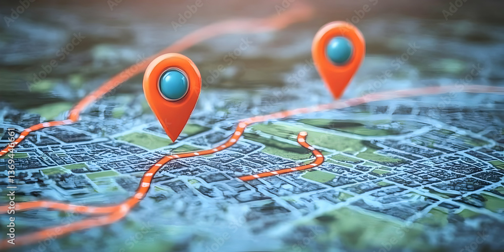 Aufkleber 3d render of navigation route on city map with two orange location markers illustrating a journey