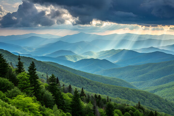 Fototapeta premium Mountain Majesty: A breathtaking panorama of majestic mountains unfolds beneath a dramatic sky, casting a mesmerizing interplay of light and shadow over the undulating terrain.