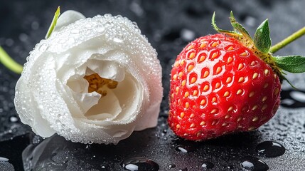 Dew-Kissed Strawberry and Ranunculus A Fresh and Vibrant Still Life