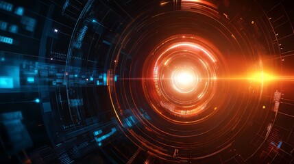 Obraz premium Abstract technology: Glowing concentric circles with digital elements, futuristic data tunnel visualization.