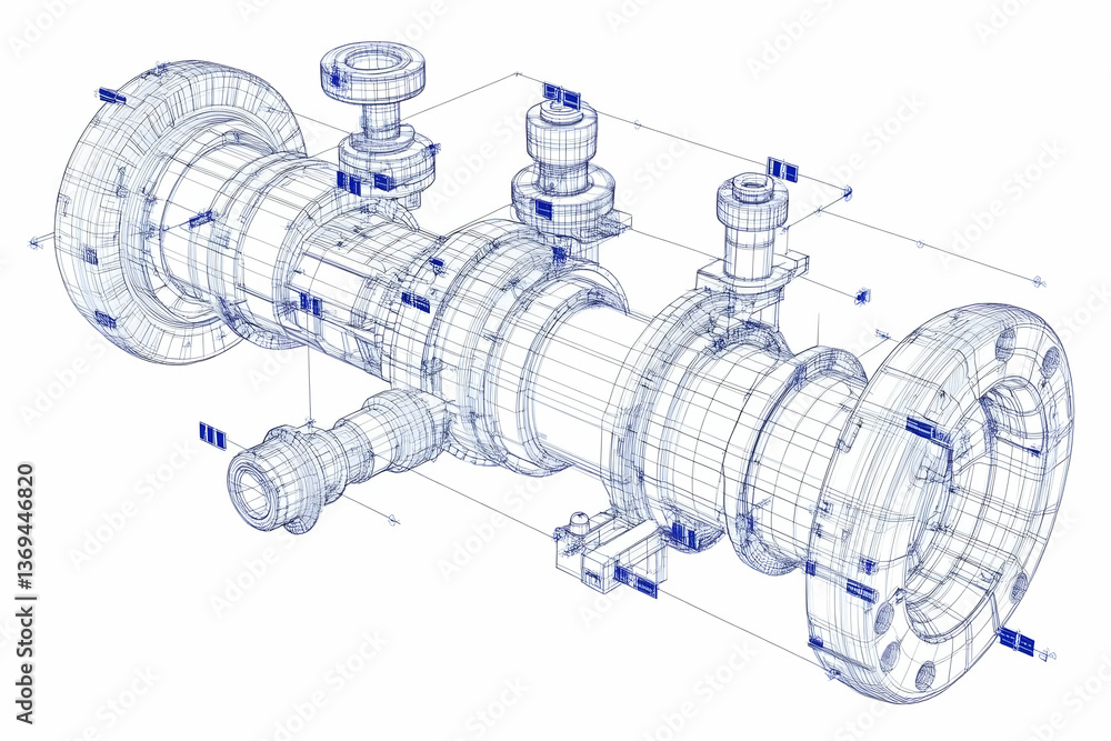Poster 3d wireframe model of a complex cylindrical machine with attached components and solar panels