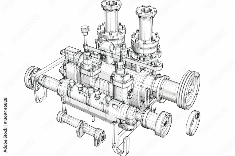 Poster detailed 3d wireframe model of a complex industrial pump with multiple components and valves