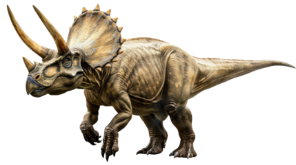 Triceratops in Motion: A detailed photorealistic depiction of a triceratops dinosaur, its imposing form striding across the ground, offering a glimpse into the prehistoric world.