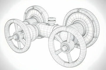 3D Wireframe Model of a Complex Industrial Valve with Rotating Wheels and Cylindrical Components