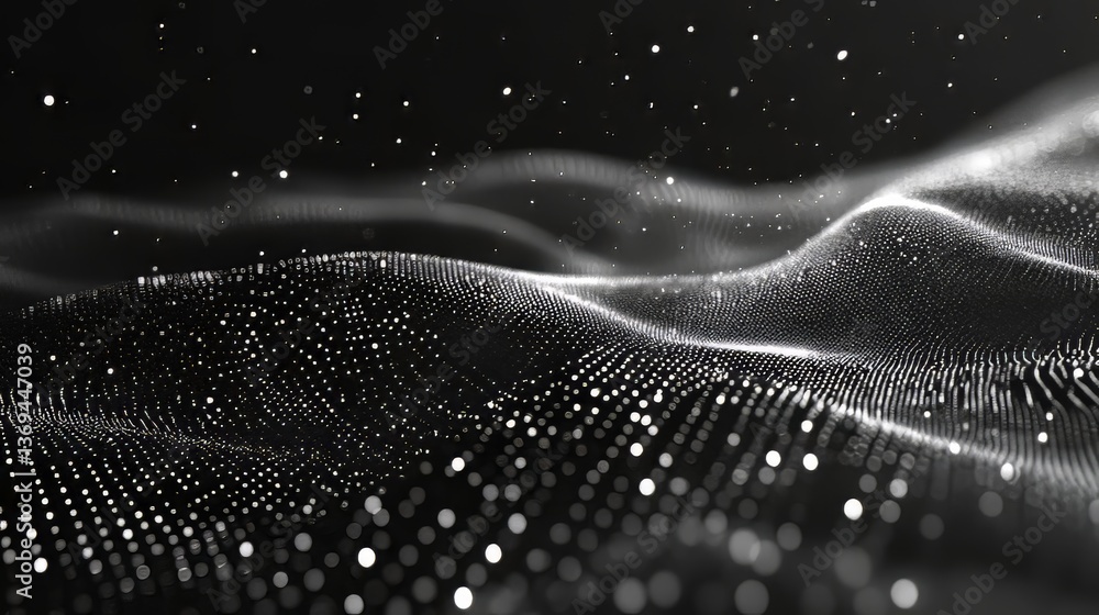 Poster abstract waves of light points create a mesmerizing digital landscape on a dark background.