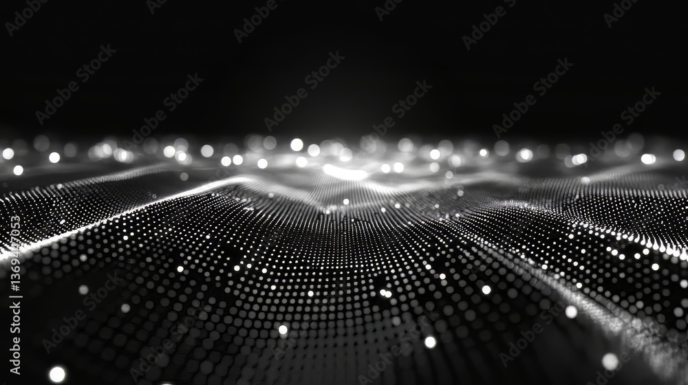 Poster wavy surface of digital dots: abstract, modern design evokes technology and data visualization in bl