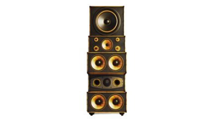 Tower of Sound: A visually striking composition of stacked speakers, showcasing a range of sizes and configurations, with a focus on their elegant design and potential for immersive audio experience.