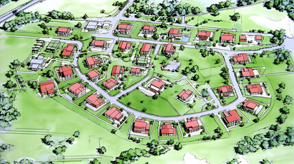 Aerial View Illustration of a Residential Subdivision Design, Showcasing Houses and Landscaping in a Watercolor Style