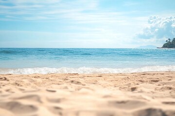 Fototapeta premium Beach Sand Sea Background Shor Water White Sky Season Summer Tropical Ocean Beautiful Wave Season Vacation Smooth Wallpaper Island Outdoor Tropical Coast Sandy Nature Landscape Space for Travel