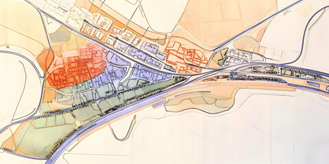 Obraz premium Abstract Watercolor Illustration of Cityscape Planning: Roads, Buildings, and Parks Design, Detailed Aerial View