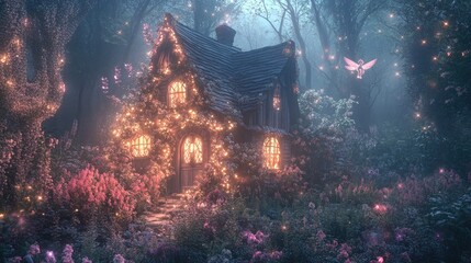 Enchanted Forest Cottage with Glowing Lights and Mysterious Glow