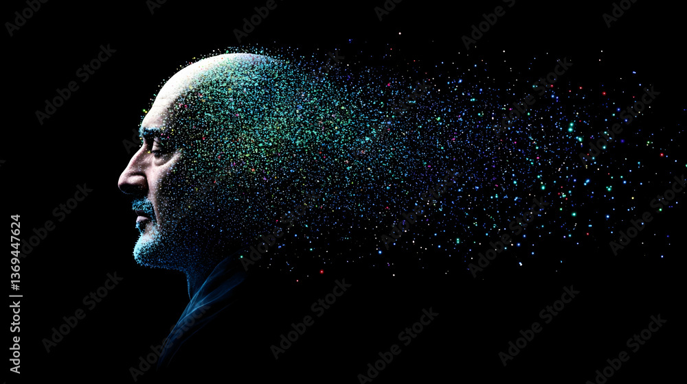 Aufkleber abstract 3d digital art of a man's head dissolving into colorful particles against a black backgroun