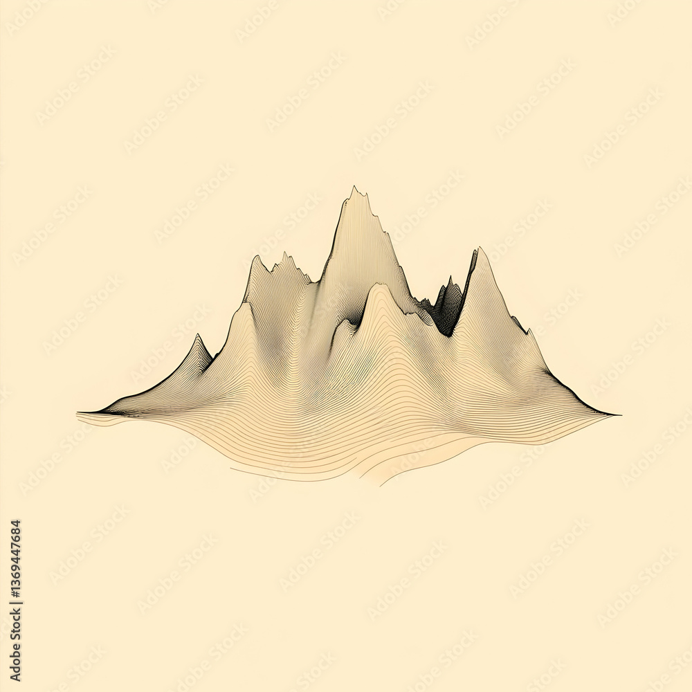 Poster abstract line art mountain range illustration on beige background, minimalist style digital artwork 