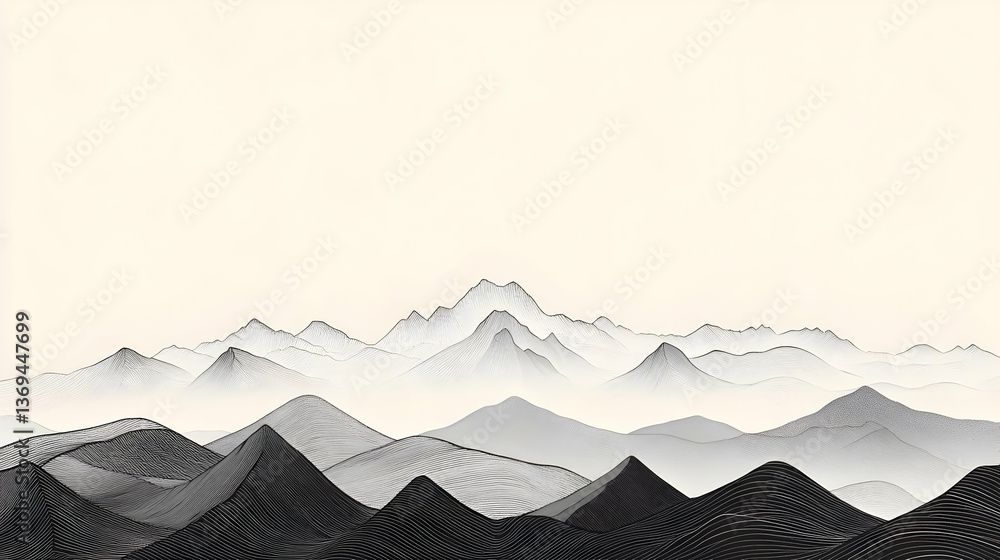 Poster abstract line art mountain range illustration, depicting serene landscape with grayscale hues and de