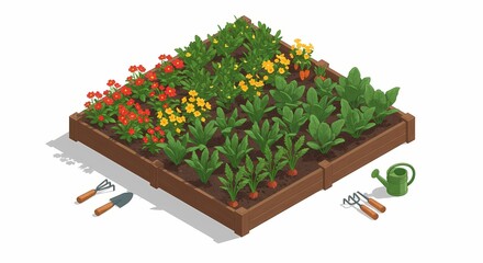 Garden Bed with Vegetables and Flowers in Bright Colors  