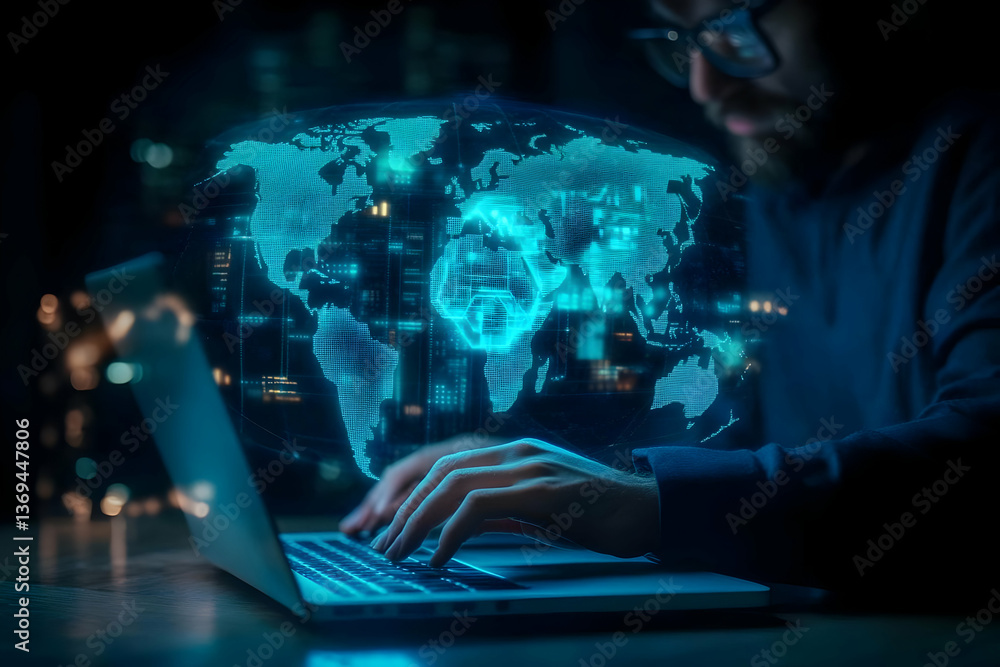 Poster person types on laptop with a digital world map hologram floating above, showcasing global connectiv