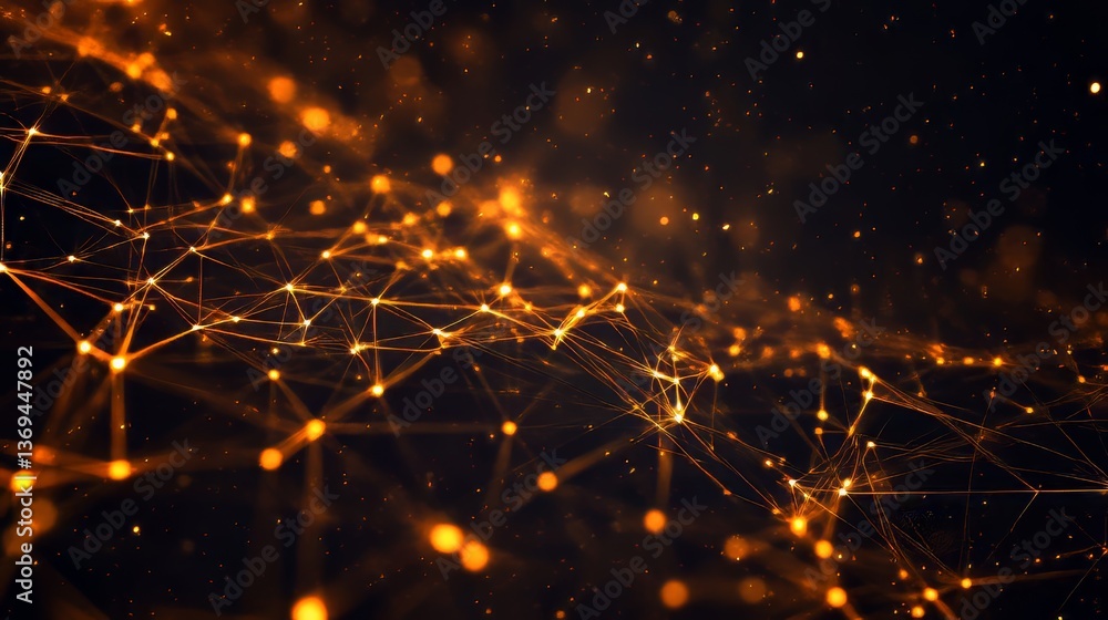 Poster abstract network connecting nodes, creating a golden web in a dark space, symbolizing data transfer.