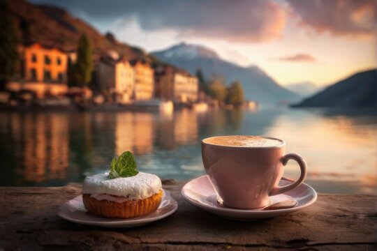Tranquil lakeside scene at sunrise/sunset with coffee and dessert, serene reflection of buildings and mountains in calm water.