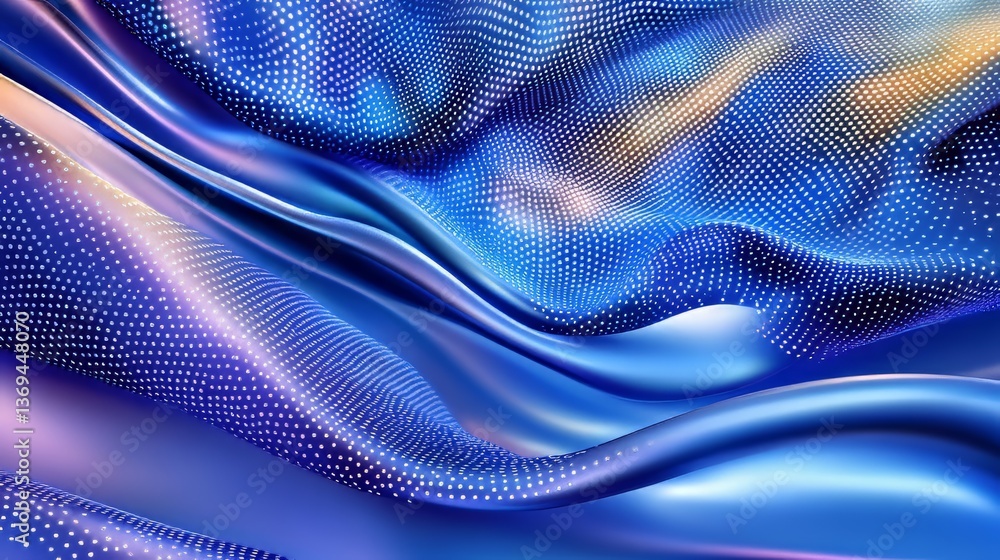 Poster abstract digital art with flowing blue waves and dotted patterns, creating a sense of futuristic mot