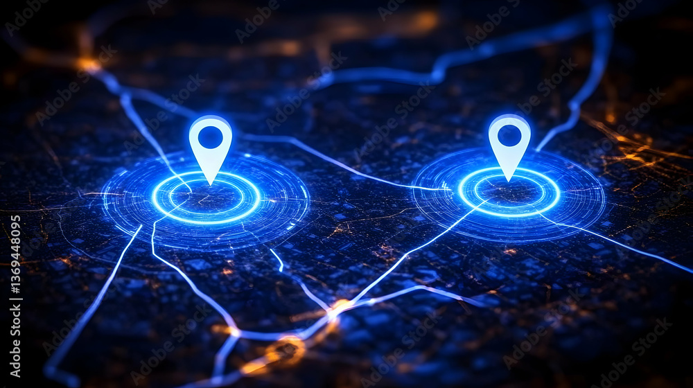 Aufkleber abstract 3d render: two glowing location pins indicate points on a futuristic city map, highlighting