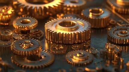 A close-up of metallic gears and parts on a factory workbench, highlighting the precision and craftsmanship of industrial work.