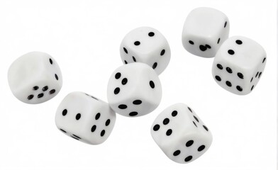 Scattered white dice with varying sizes and shapes overlapping, with black dots on plain white background.