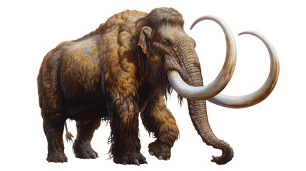 Obraz premium Ancient Majesty: a colossal woolly mammoth stands majestic, its enormous tusks curving dramatically against a simple background, a powerful symbol of the Ice Age.