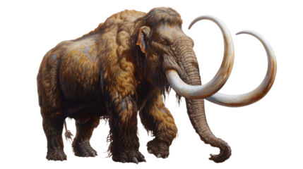 Ancient Majesty: a colossal woolly mammoth stands majestic, its enormous tusks curving dramatically against a simple background, a powerful symbol of the Ice Age.