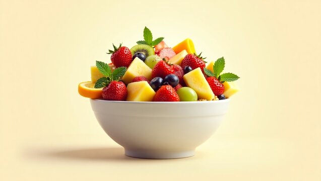 A vibrant and colorful arrangement of sliced fresh fruits, including juicy strawberries, tangy oranges, crisp apples, and succulent grapes, artfully combined in a ornate, white ceramic bowl with a sub