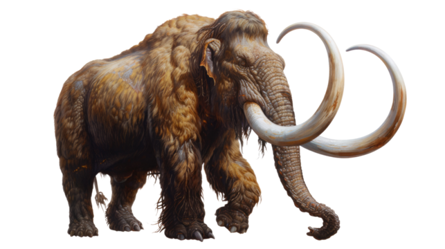 Ancient Majesty: a colossal woolly mammoth stands majestic, its enormous tusks curving dramatically against a simple background, a powerful symbol of the Ice Age.