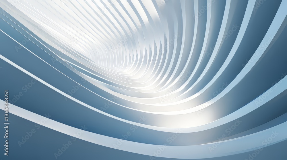 Poster abstract architectural design featuring repeating curved shapes and bright light reflecting between 