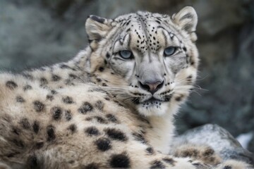 Naklejka premium Closeup portrait of a snow leopard lying gracefully with a serene gaze, immersed in a peaceful outdoor setting.