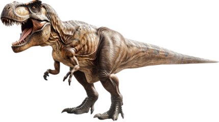 Prehistoric Powerhouse: A photorealistic Tyrannosaurus Rex stands in a dynamic pose, its formidable form and open jaws capturing the raw power and awe of the ancient predator.