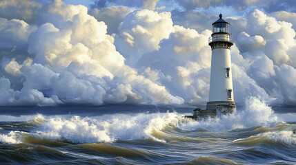 A coastal lighthouse standing tall against a stormy ocean backdrop, perfect for adventure and maritime themes.