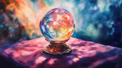 Watercolor astrology and tarot symbols Watercolor Painting of Crystal Ball on Purple Cloth with Cosmic Background