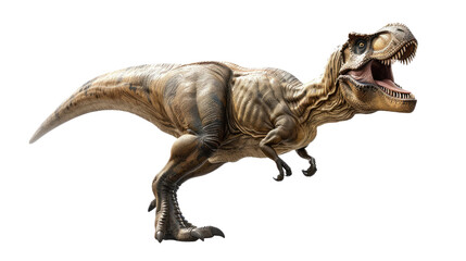 Fototapeta premium Tyrannosaurus Rex in action: A formidable Tyrannosaurus Rex, in a dynamic pose, showing its teeth, symbolizing power. This photo provides a glimpse into the world of dinosaurs.