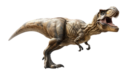 Tyrannosaurus Rex in action: A formidable Tyrannosaurus Rex, in a dynamic pose, showing its teeth, symbolizing power. This photo provides a glimpse into the world of dinosaurs.