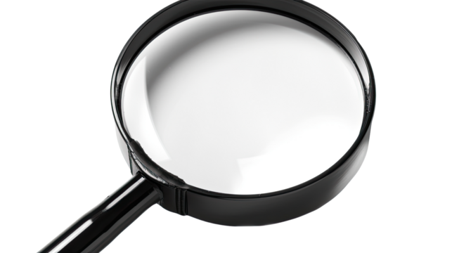 Magnifying Glass: Exploring a high-angle perspective of a sleek magnifying glass, its clear lens capturing a sense of intense scrutiny.